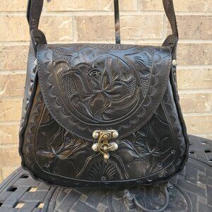 Mexican Hand Tooled Black Leather Bag